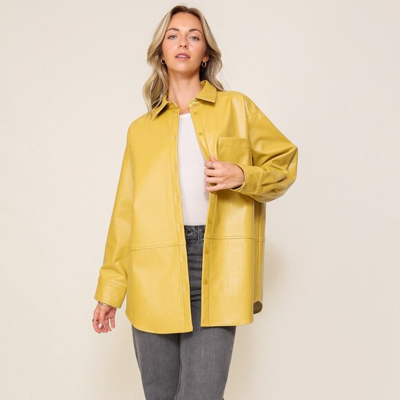 LUMIERE Mustard Faux Leather Shacket, Oversized Button Down Jacket Top - Picture 7 of 7
